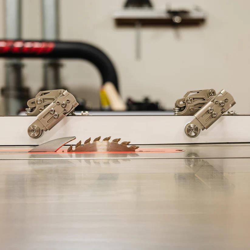 Close-up of JessEm STS Stock Guides rollers angled at 5° for improved stock hold and anti-kickback protection.