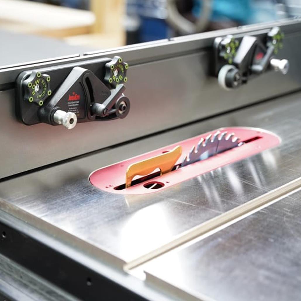 Bow Products XT3 Xtender Fence Mounting Brackets mounted on a Bow Xtender Fence, on a Table Saw