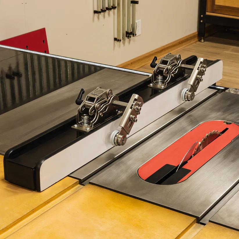 JessEm Clear-Cut STS Stock Guides installed on table saw fence for precise, safe stock feeding.