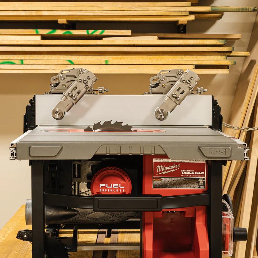 JessEm Clear-Cut STS Stock Guides mounted on compact jobsite table saw for improved workpiece control.