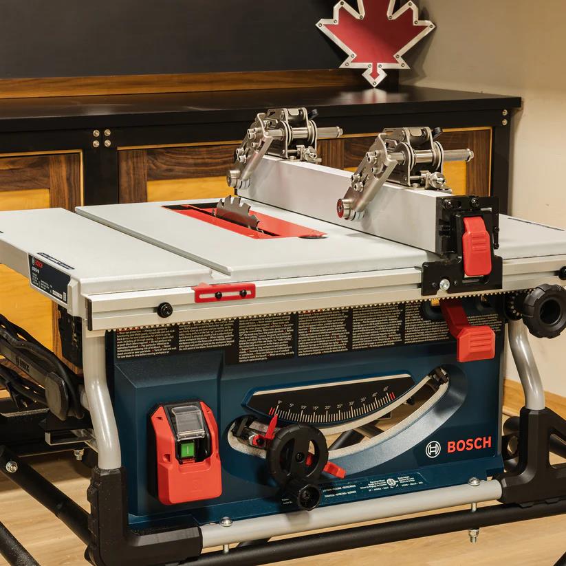 JessEm STS Stock Guides fitted to Bosch jobsite table saw, enhancing safety and precision when cutting.