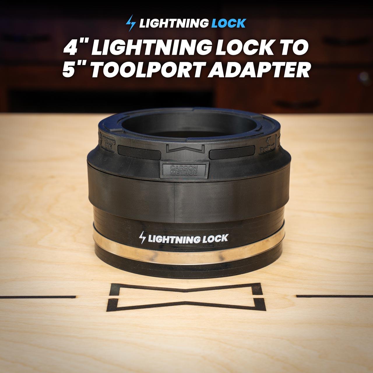 4" Lightning Lock to 5" Toolport adapter on a wooden surface with 'Lightning Lock' branding.