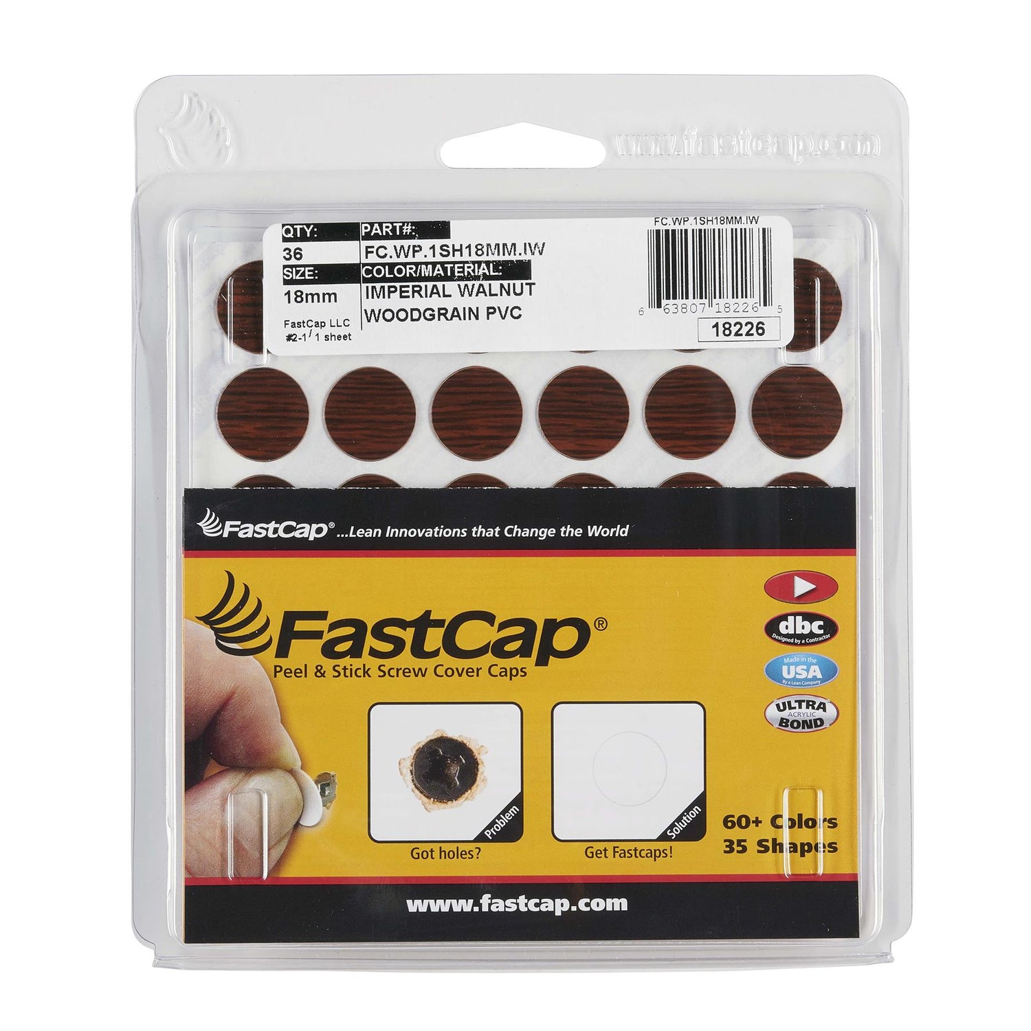 FastCap Peel & Stick Cover Caps - Walnut 18mm (36 pc)